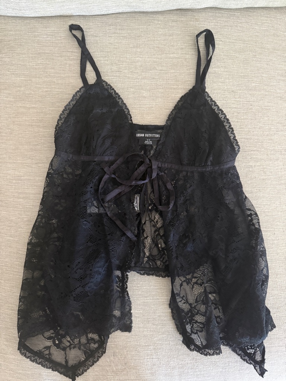 Urban Outfitters Black Lace Chemise with Ribbon Tie